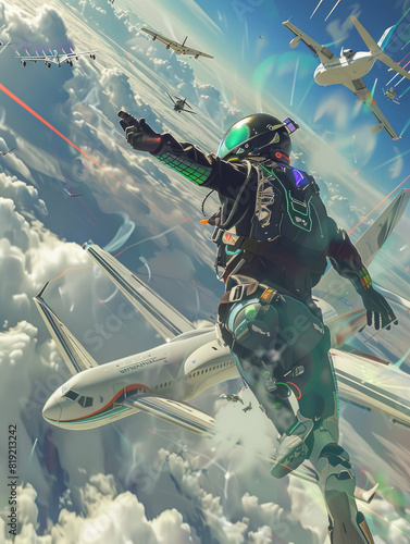 Cyborg skydivers navigate quantum realms, jumping from surreal digital airplanes photo