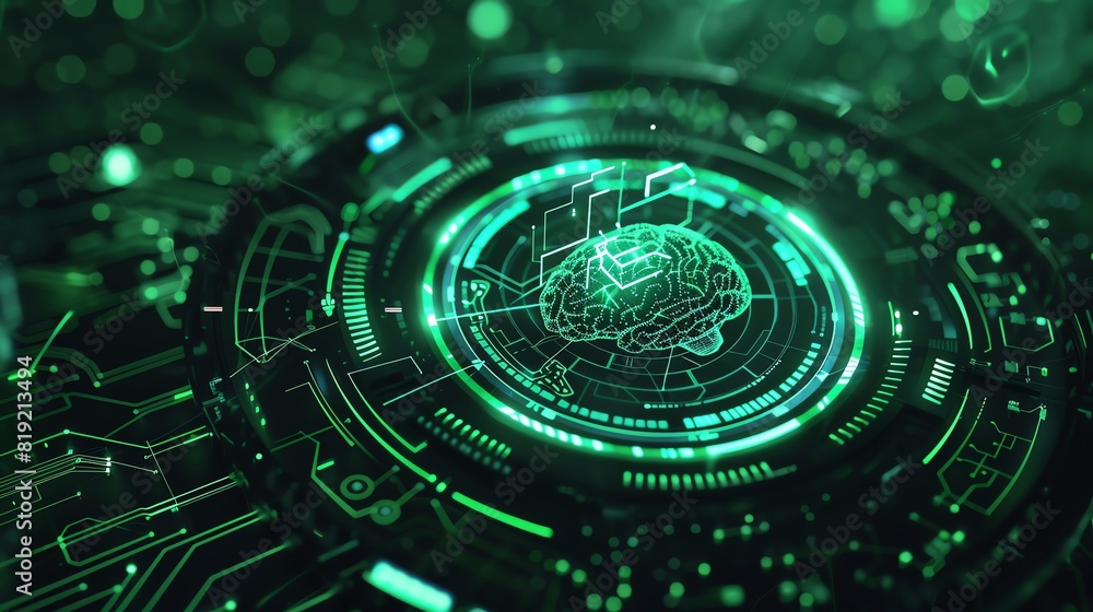 Futuristic AI concept with a digital brain, showcasing advanced technology with green holographic elements and intricate circuit details. Futuristic AI concept with a digital brain, showcasing advanced technology with green holographic elements and intricate circuit details.