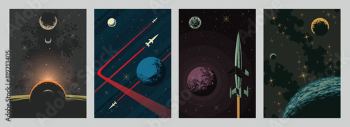 Cosmic Panorama Set, Space Background Templates for Cosmic Posters, Covers, Illustrations. Stars, Planeets, Space Rockets 