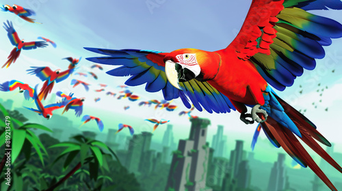 
Macaw Symphony: The Colorful Concert of Jungle Birds - Imagine a scene where a flock of macaws fills the sky with their vibrant colors and raucous calls, creating a colorful and cacophonous concert photo