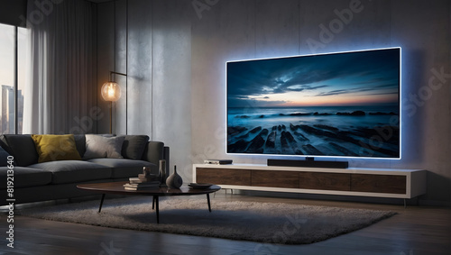 Modern living room with tv. smart tv in modern living room with neon lights  3d render. Generative ai.