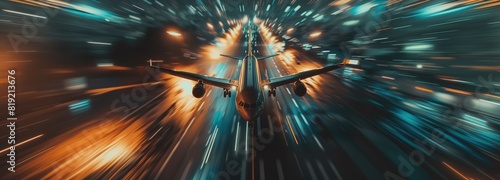 Takeoff of an airplane on an airport runway, air transport navigation Innovative airplane travel concept future technology Cargo travel on night flights. light motion blur photo