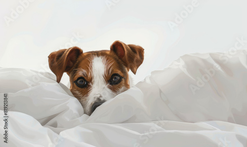 jack russell terrier dog looking out of white bed, isolated vector, in the style of lensbaby effect, shaped canvas, 32k uhd, sheet film, close up, charming characters, studio shot against a white photo