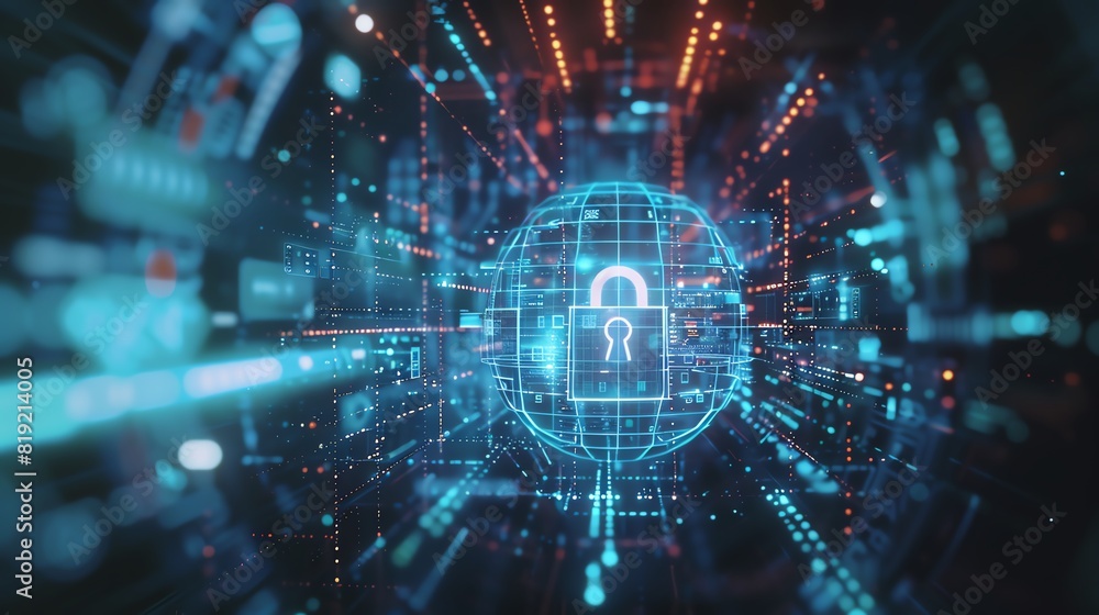 Digital cybersecurity concept with a glowing padlock in the center of a complex network of data streams and connections, representing data protection. Digital cybersecurity concept with a glowing padlock in the center of a complex network of data streams and connections, representing data protection.