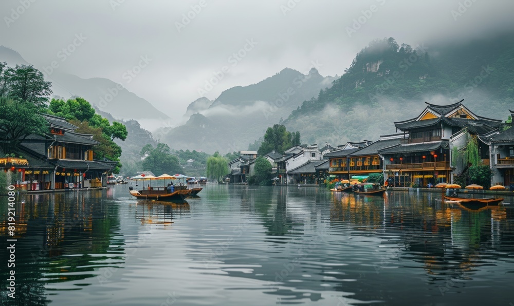 Fototapeta premium water village with house above the river. lotus plants and wooden traditional boat on the water surface. beautiful cliffs in the background.