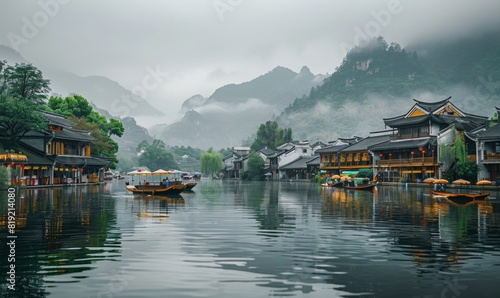 water village with house above the river. lotus plants and wooden traditional boat on the water surface. beautiful cliffs in the background.