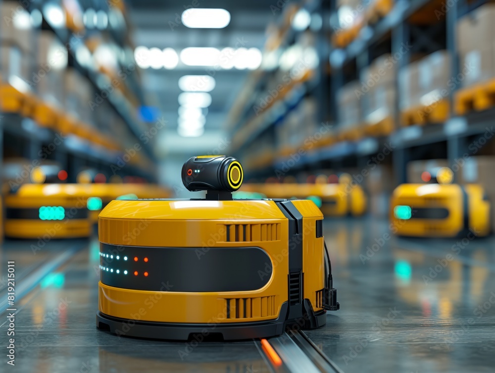 A yellow robot is in a warehouse with other robots. The robots are all different sizes and colors