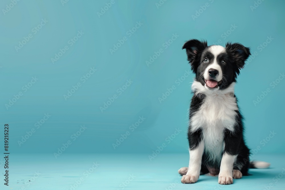 A black and white dog sitting on a blue surface, suitable for pet-related designs A black and white dog sitting on a blue surface, suitable for pet-related designs