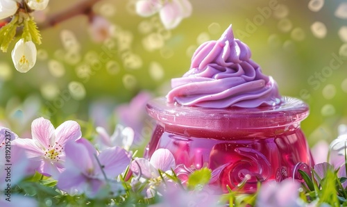 A pink jelly dessert with purple cream on top, placed in front of spring flowers, captured from the side view with a green grass background