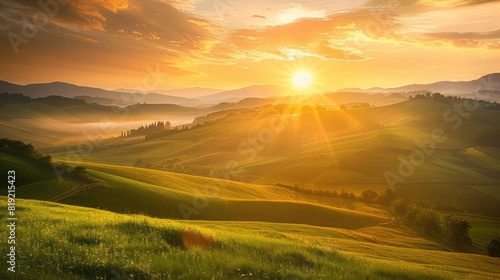 A breathtaking sunrise over a tranquil countryside landscape, with golden light illuminating the rolling hills and meadows
