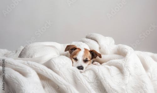modern cozy interior, dof , jack russle dog sleeping on white blanket, studio shot against a white background
