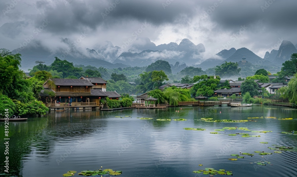 water village with house above the river. lotus plants on the water surface. beautiful cliffs in the background. water village with house above the river. lotus plants on the water surface. beautiful cliffs in the background.