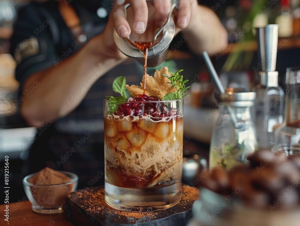 Barista creating a specialty coffee drink, with unique ingredients and garnishes Barista creating a specialty coffee drink, with unique ingredients and garnishes