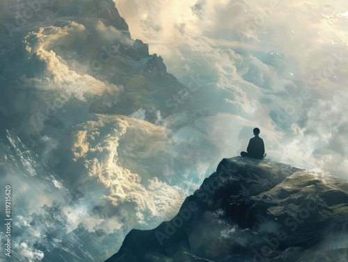 A peaceful meditation scene with a person sitting crosslegged on a mountaintop, surrounded by swirling clouds photo
