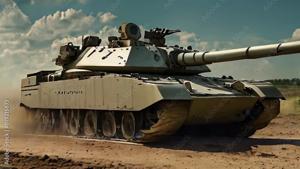 Military Tank Driving on Dirt Road with Dust Clouds Military Tank Driving on Dirt Road with Dust Clouds