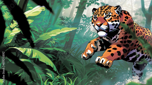 Jaguar's Lair: The Stealthy Hunter of the Jungle - Picture a scene where a jaguar prowls through the undergrowth, its spotted coat blending with the shadows as it stalks its prey in the dense jungle
