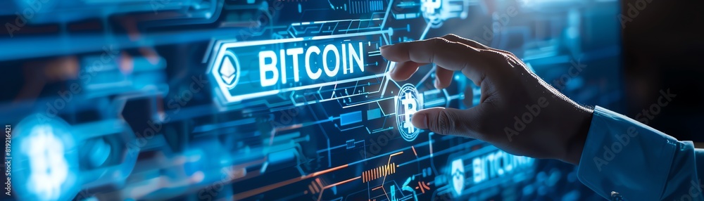 Businessman showcasing bitcoin icon on modern technology Businessman showcasing bitcoin icon on modern technology
