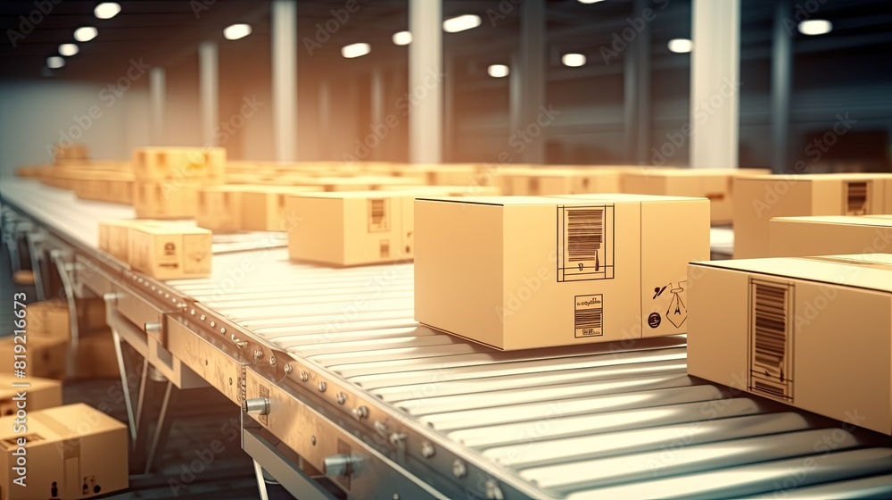 Cardboard boxes on conveyor belt in warehouse Cardboard boxes on conveyor belt in warehouse