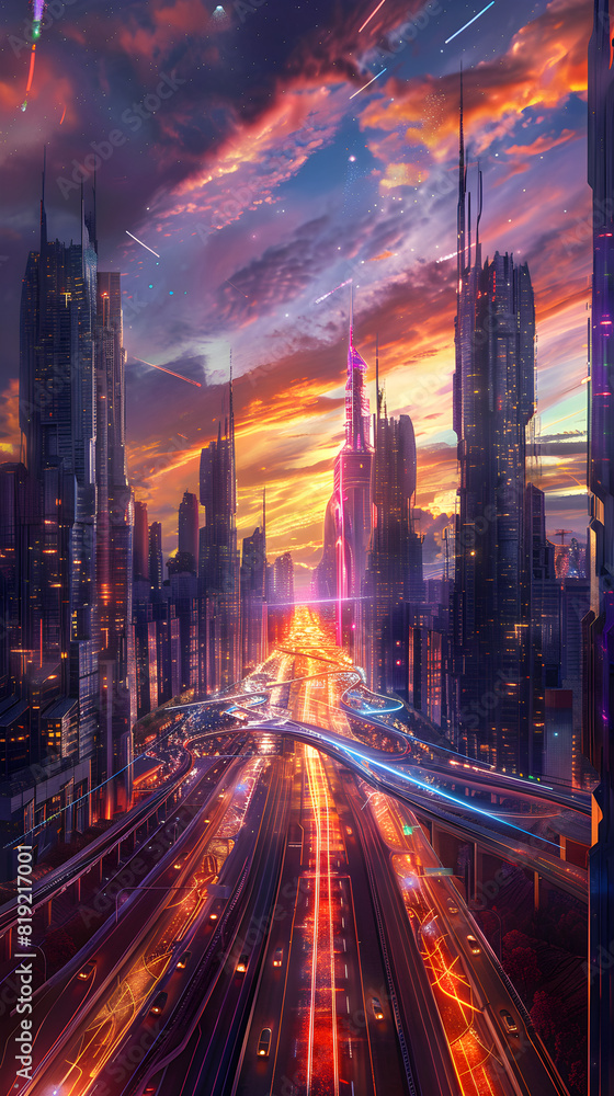 Neon Sunset Over a Futuristic Metropolis: Capturing the Intersection of Technology and Urbanization