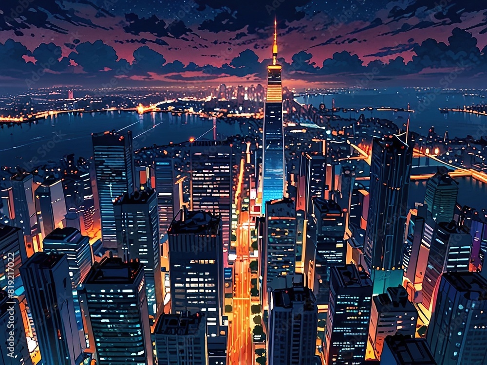Fototapeta premium New overhead view of a bustling city at night featuring illuminated skyscrapers busy streets and vibrant city lights