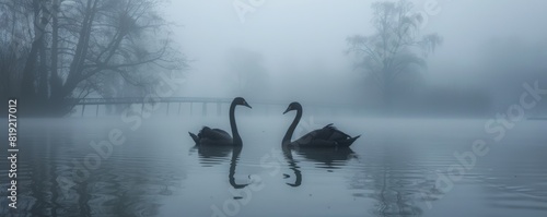 two black swans swimming on the lake in the morning fog. mysterious scary vibes. © Lucianastudio