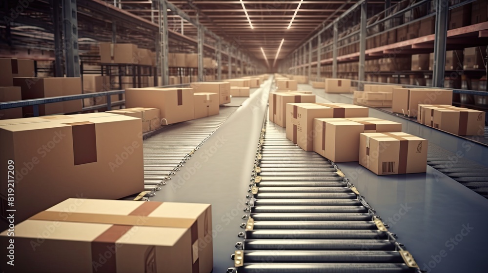 Warehouse with cardboard boxes on conveyor belt in warehouse straight Warehouse with cardboard boxes on conveyor belt in warehouse straight