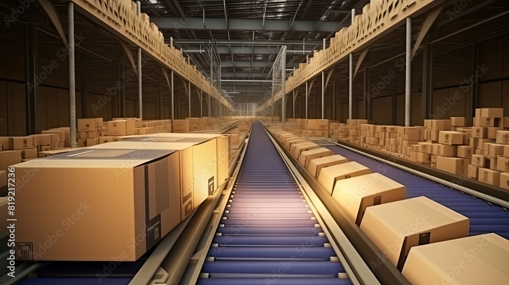 Fototapeta premium A conveyor belt in a warehouse with boxes