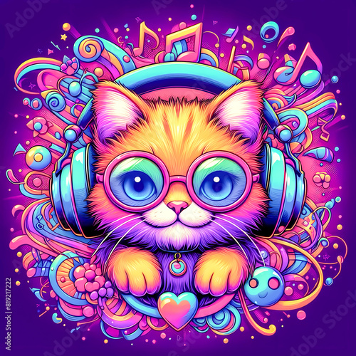 Vibrant colorful illustration of a cat wearing headphones listening to music