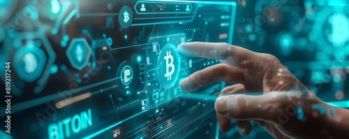 Hand holding bitcoin icon on futuristic blue background