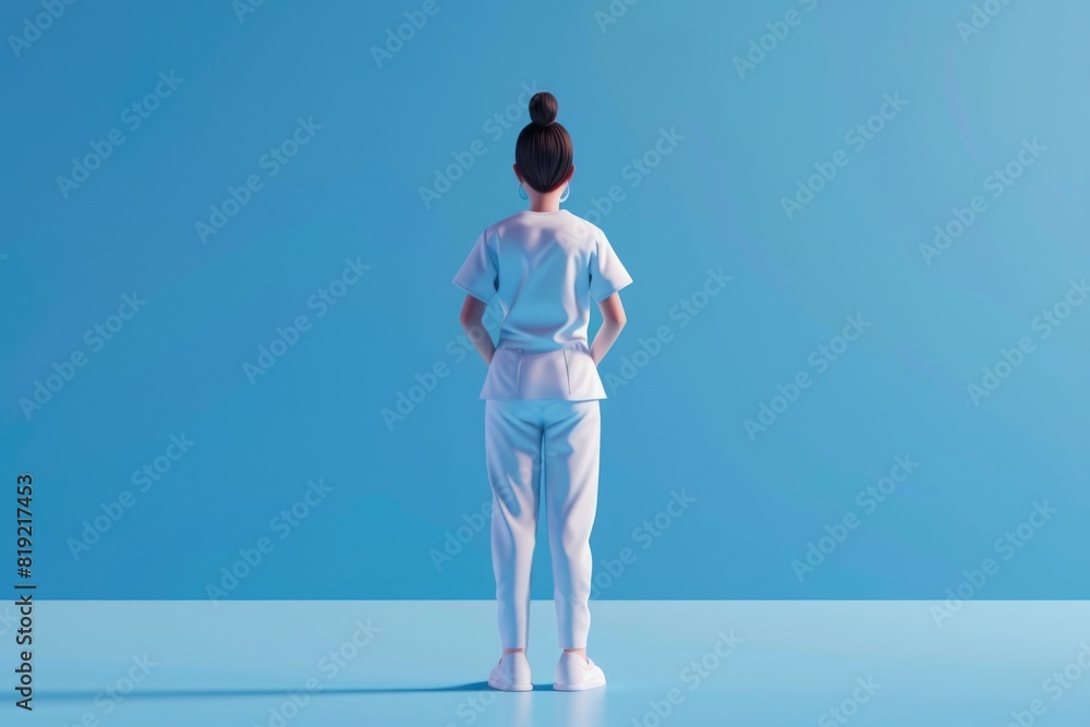 A woman in a white scrub suit standing on a blue surface. Ideal for medical and healthcare concepts A woman in a white scrub suit standing on a blue surface. Ideal for medical and healthcare concepts