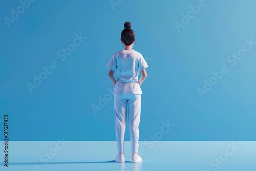 A woman in a white scrub suit standing on a blue surface. Ideal for medical and healthcare concepts