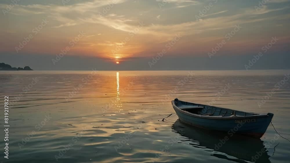 Solitary Boat on Calm Lake at Sunrise Solitary Boat on Calm Lake at Sunrise