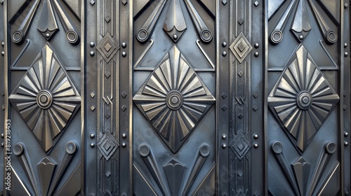 Detailed view of a metal door featuring intricate geometric designs