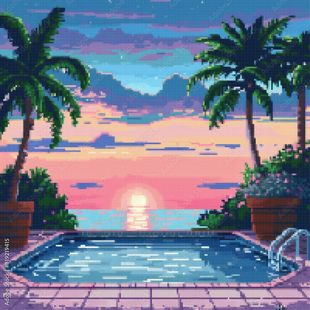 Pixel beach sunset sunrise with palm trees. Sun reflection in water. Futuristic landscape 1980s style. Digital landscape cyber surface. 80s party background