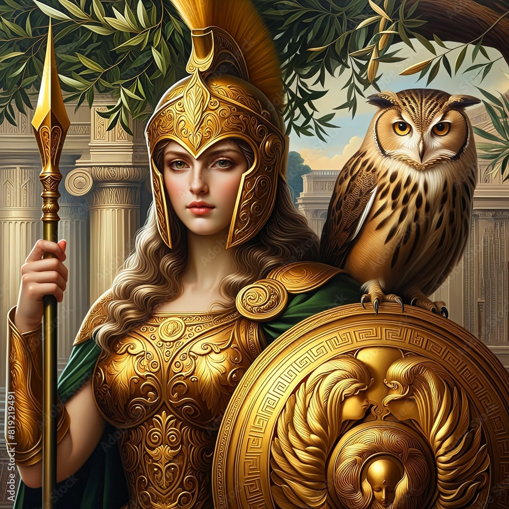 Athena, the Greek goddess of wisdom and war, in a golden helmet and