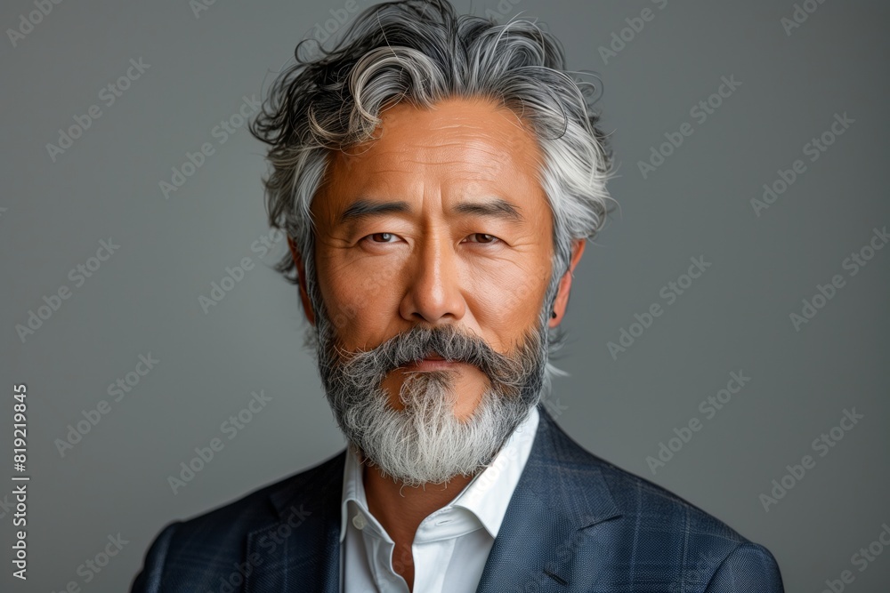 A mature man with grey hair and a beard standing outdoors A mature man with grey hair and a beard standing outdoors