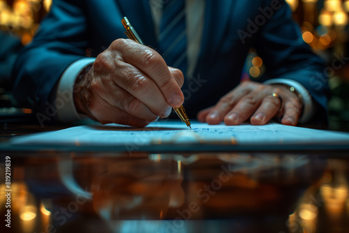 A peace accord signing ceremony marking the end of a long-standing conflict between neighboring countries .A man in formal attire is using a pen to sign a document photo