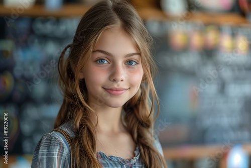 A young girl with long hair and blue eyes looking directly at the camera