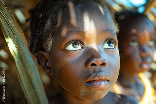 International development assistance programs promoting poverty alleviation and sustainable growth in developing countries .Closeup of two happy children with black hair looking up at the sky photo