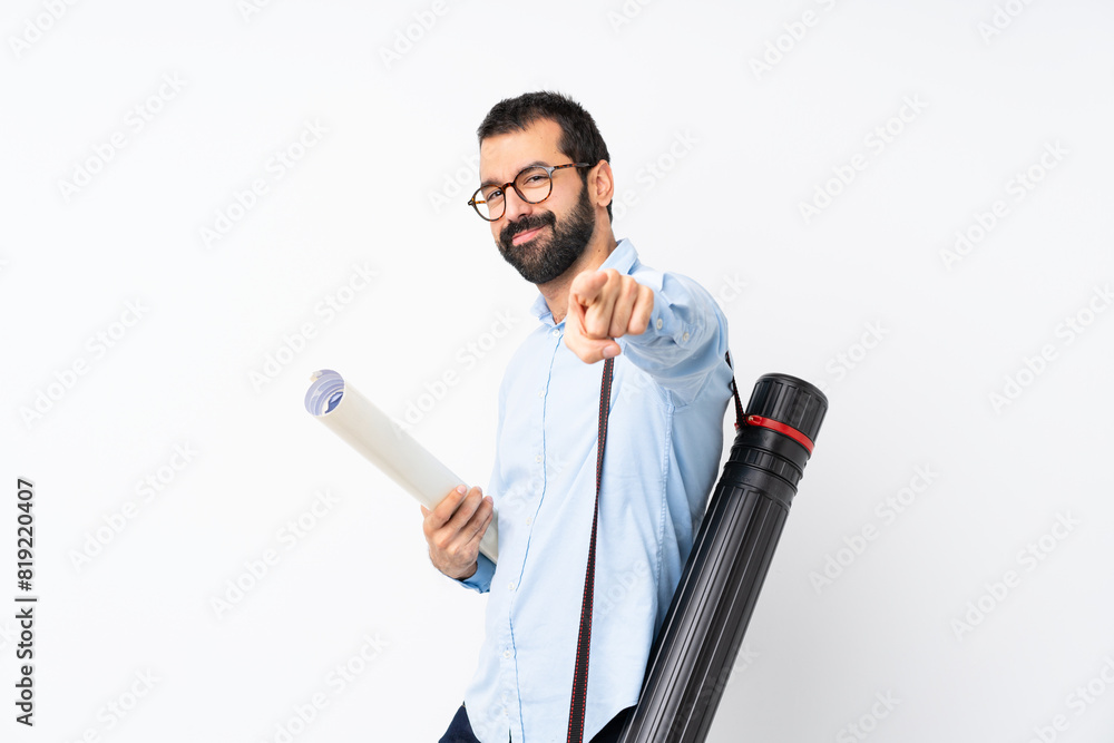 Young architect man with beard over isolated white background points finger at you with a confident expression Young architect man with beard over isolated white background points finger at you with a confident expression