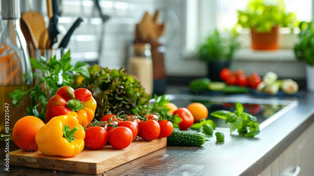 Fresh Vegetables Still Life on Modern Kitchen Counter: Healthy Eating Concept Fresh Vegetables Still Life on Modern Kitchen Counter: Healthy Eating Concept