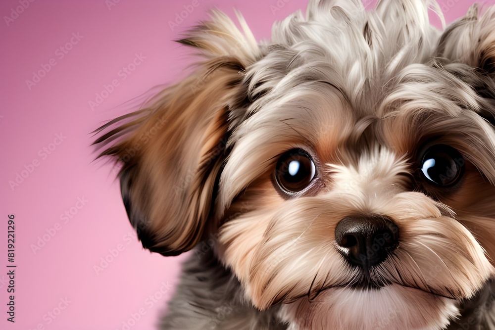 Cute charming dog. Shot of Maltipoo with big kind eyes and brown fur posing isolated over white studio background. Close up. Pet looks healthy and happy. Friend, love, care and animal health concept
