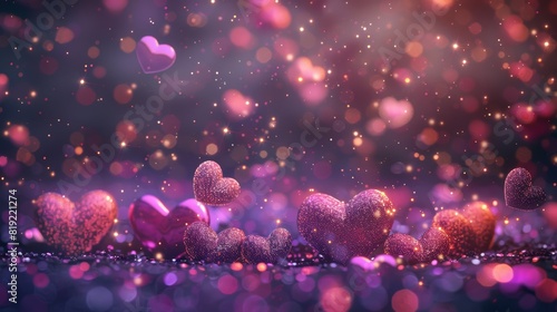 Glittering red hearts scattered on a vibrant background.