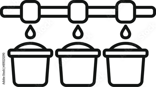 Line drawing of sap dripping into buckets from a tapped maple tree, representing syrup harvest