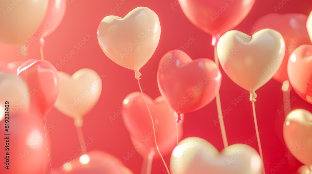 3D heart balloons in elegant red and pink tones.