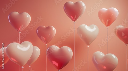 Heart-shaped balloons in red and pink floating gently, perfect for love and celebration themes.