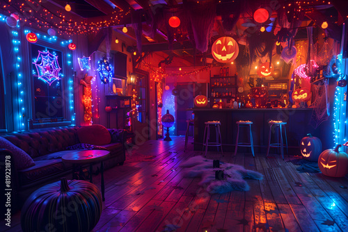 A room decorated for a Halloween party with eerie lights, props, and festive decorations