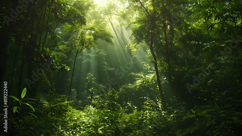 Lush Green Forest Background  Sunlight Through Canopy