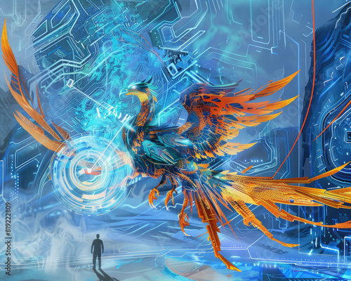 Opalescent Phoenix rises, its hacker companion walking a cybernetic renewal photo
