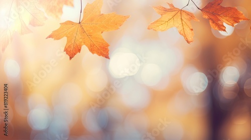 Autumn background with maple leaves on bokeh defocused lights